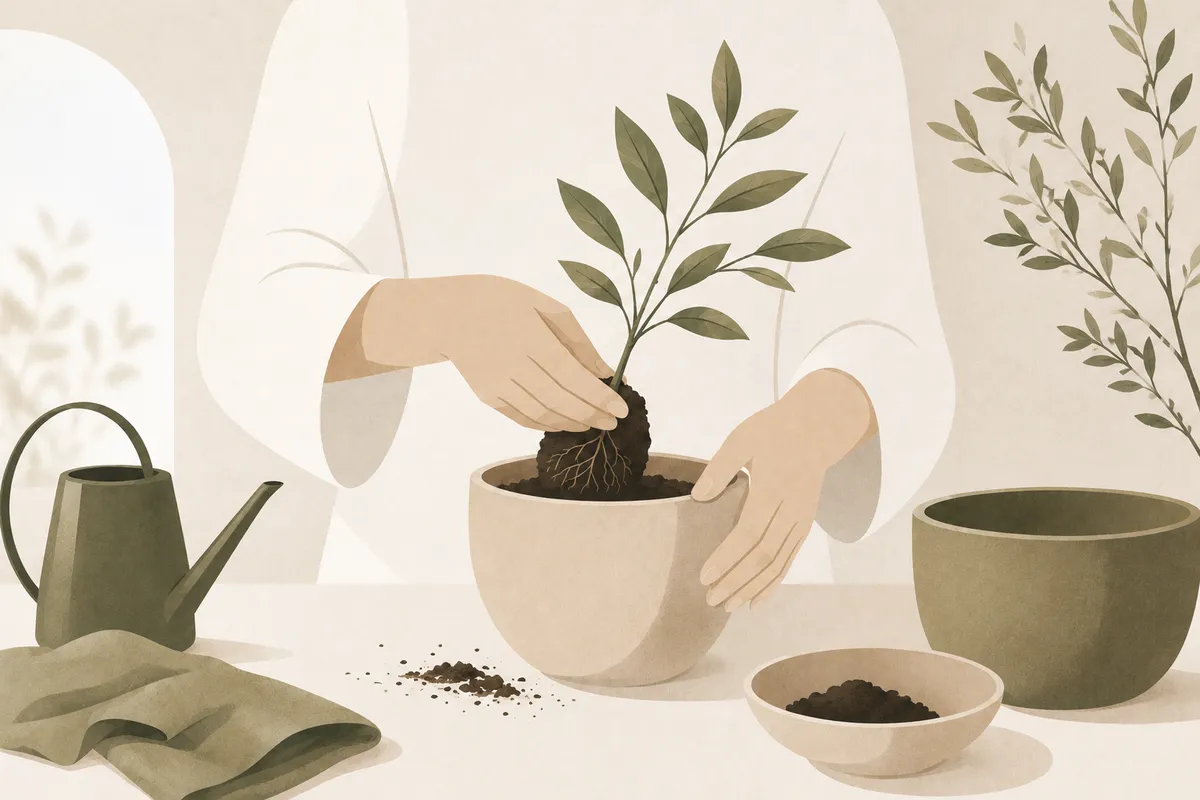 Minimalist illustration of hands gently repotting a small indoor plant, representing mindful living, intentional home care, and the calm philosophy of Snug & Still.