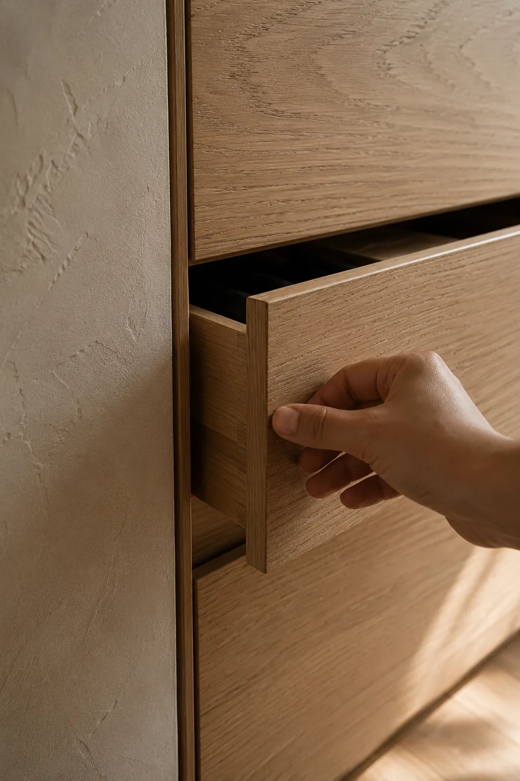 Low-friction entryway storage showing a hand opening a matte light oak handleless drawer against textured beige plaster wall.