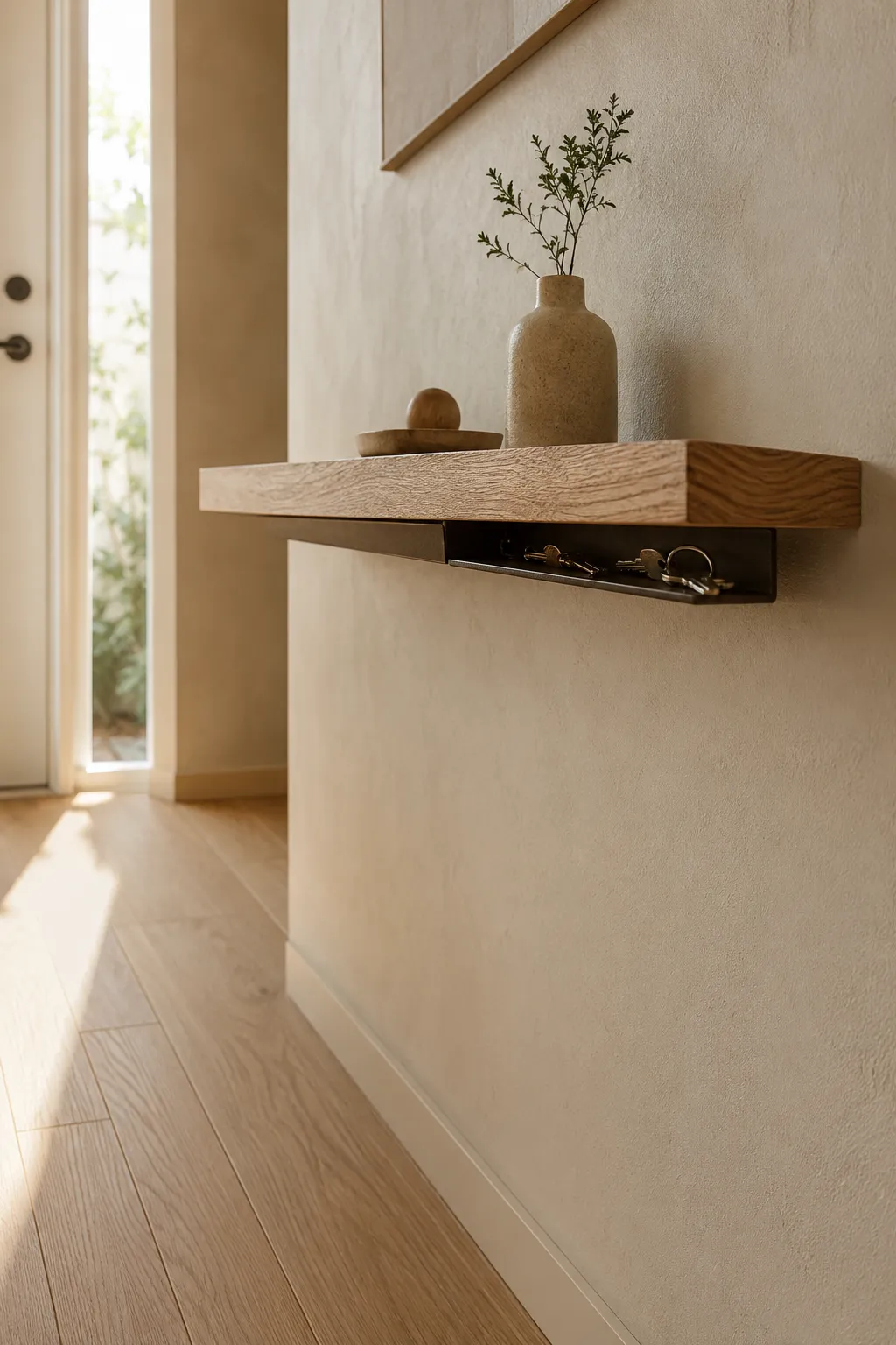 Slim floating shelf with a hidden magnetic key organizer tray, showing zero floor footprint in a small minimalist entryway.