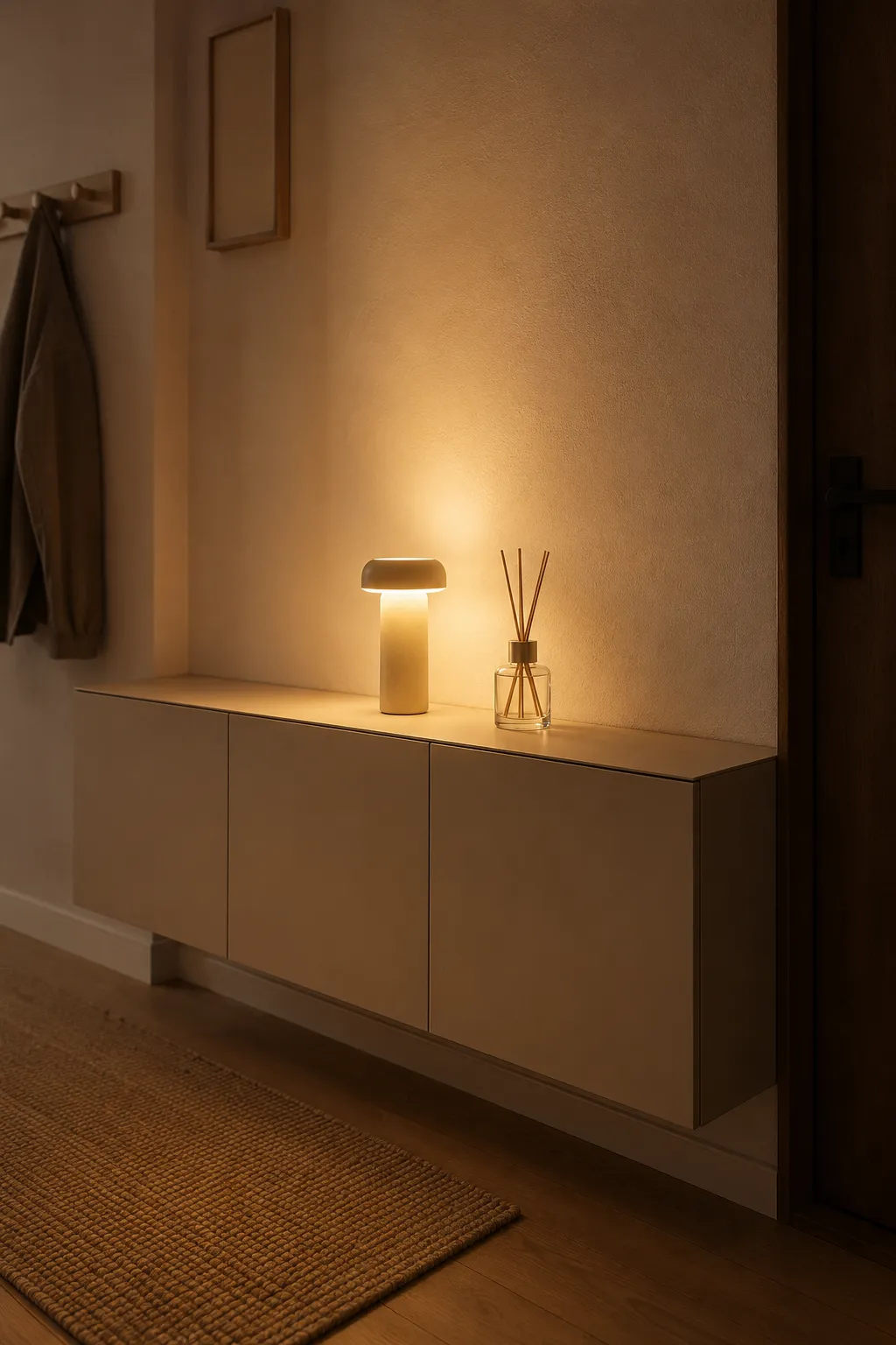 Cozy entryway sanctuary console with a cordless warm table lamp and glass reed diffuser under calming twilight ambient lighting.