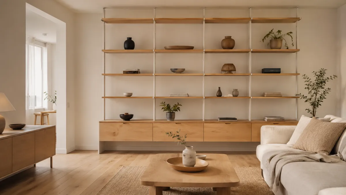 Large modular wooden shelving unit in a neutral living room demonstrating aesthetic vertical storage for calm living spaces.