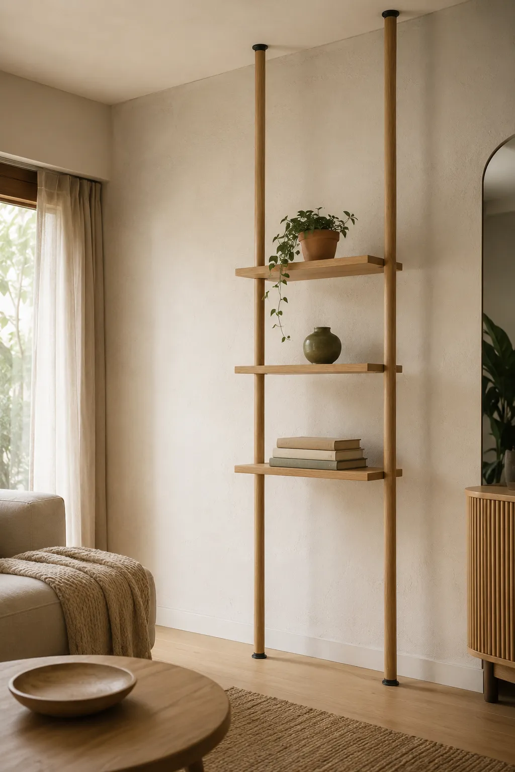 Tension pole wooden shelves providing functional aesthetic vertical storage in a minimalist tiny apartment living room.