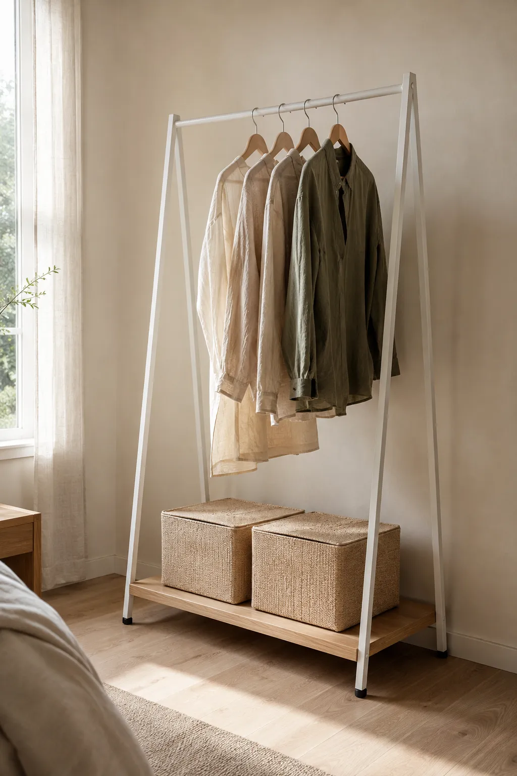 Minimalist white A-frame clothing rack with woven storage baskets on a wooden base for low-visual-noise organization.