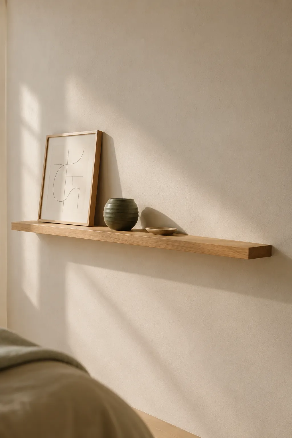Aesthetic floating wooden wall shelf displaying minimalist line art and a small ceramic vase in a calm living space.