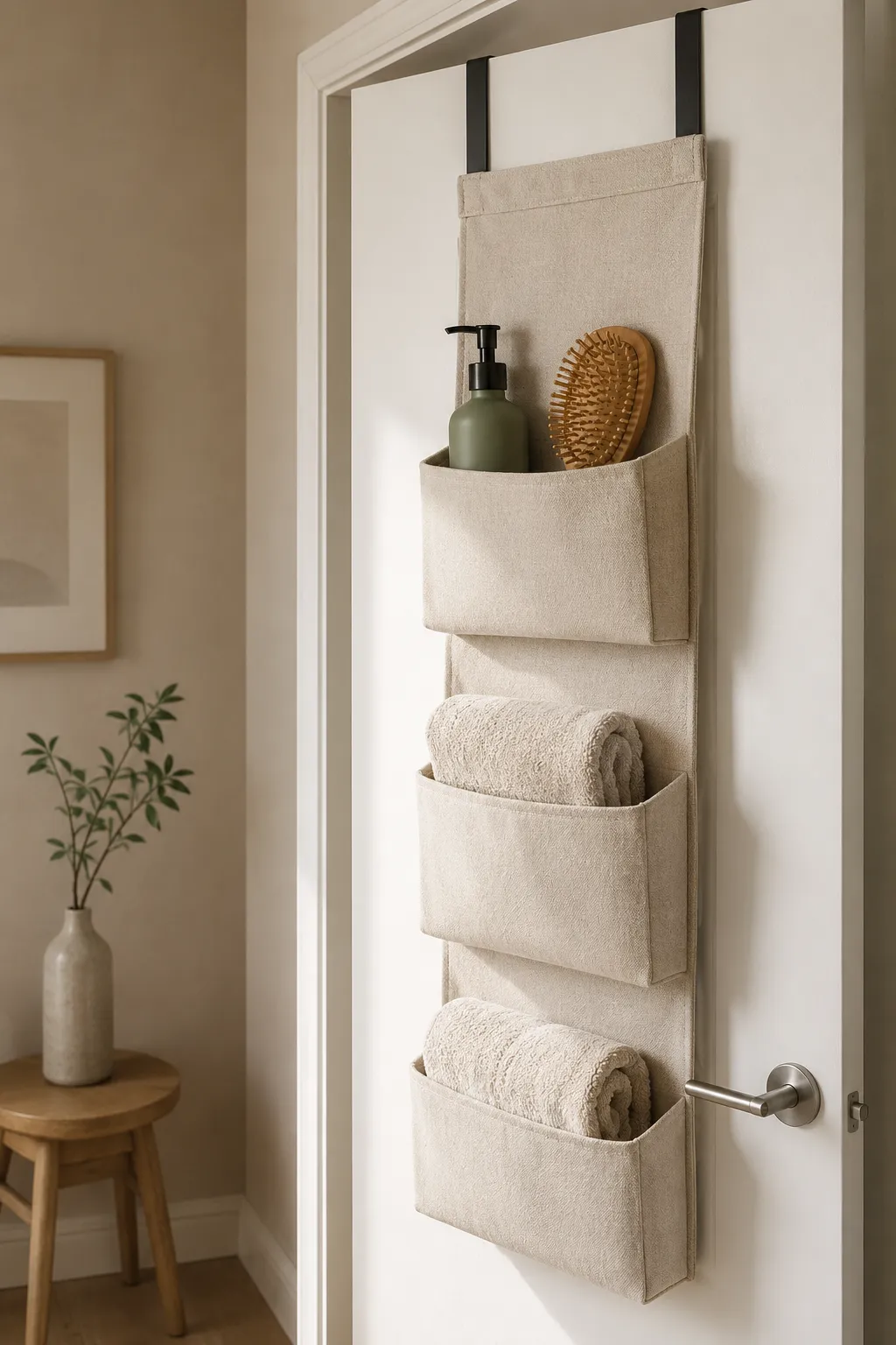 Beige fabric over-the-door hanging organizer holding towels and bathroom essentials for tiny apartment organization.