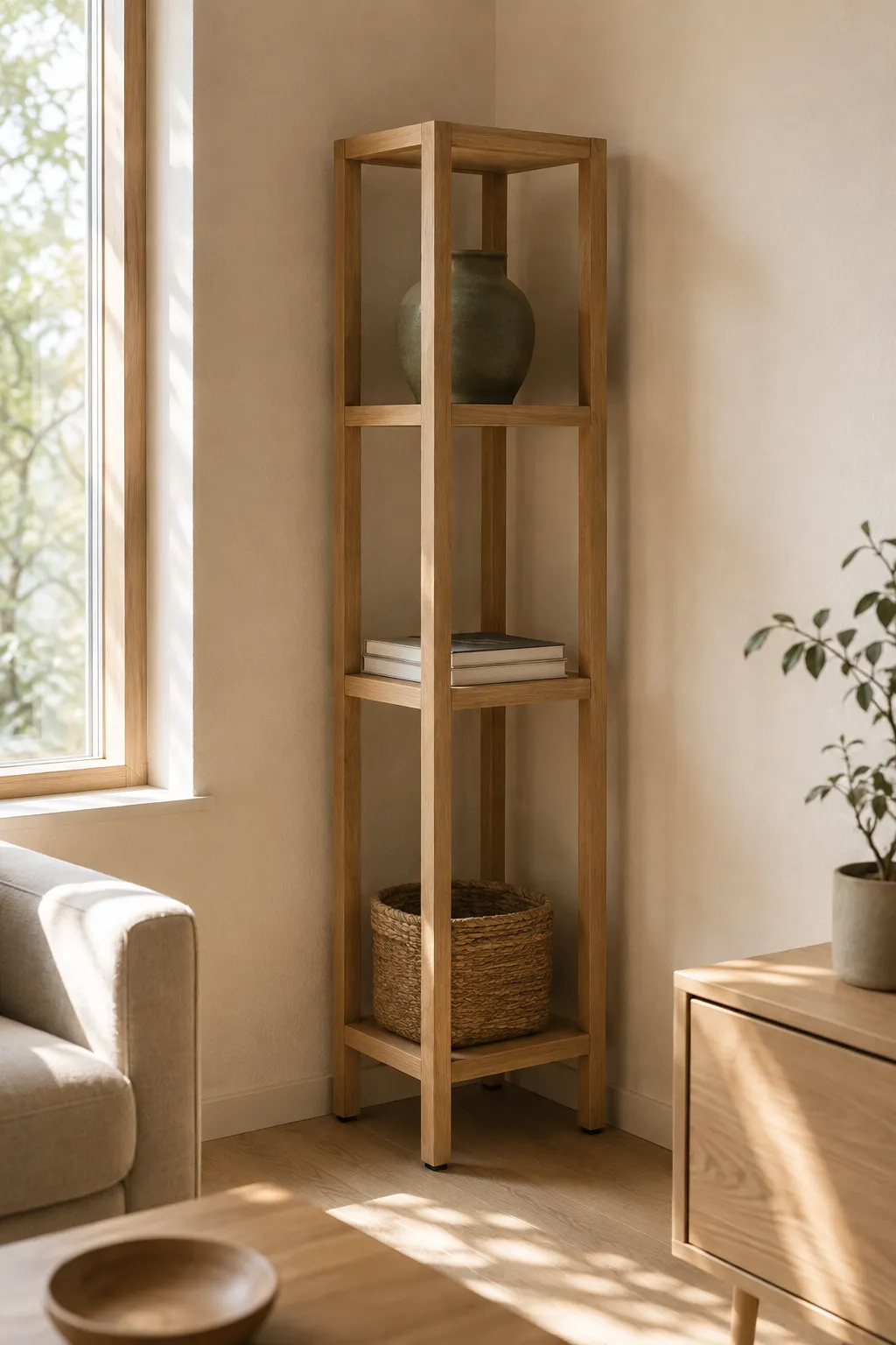 Tall narrow wooden corner shelf unit holding a green vase and woven basket, maximizing vertical space in a room.