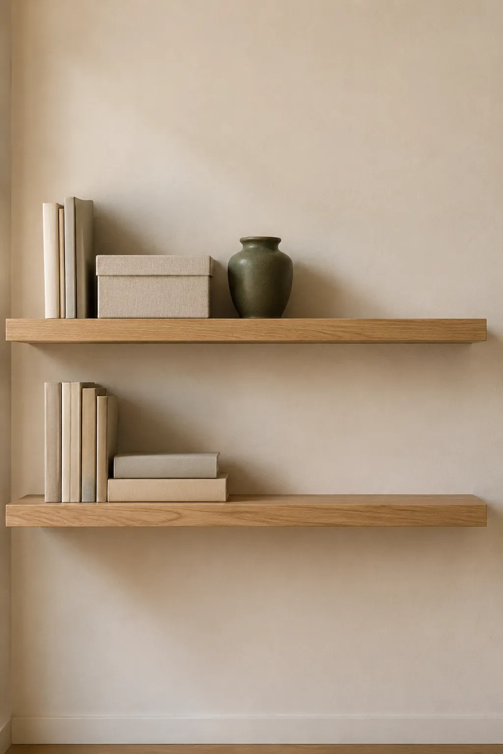 Two floating wooden shelves organizing neutral colored books and a storage box for a functional aesthetic room.