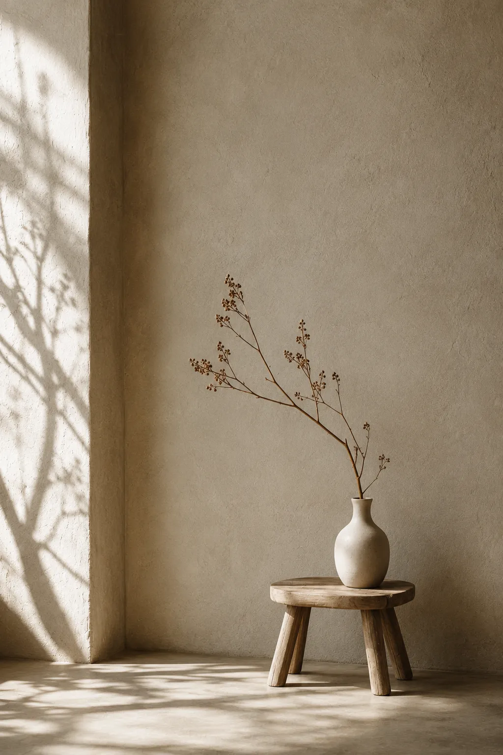 Visual silence in minimalist decor: a raw wood stool and matte ceramic vase with a dried branch against a limewash beige wall.