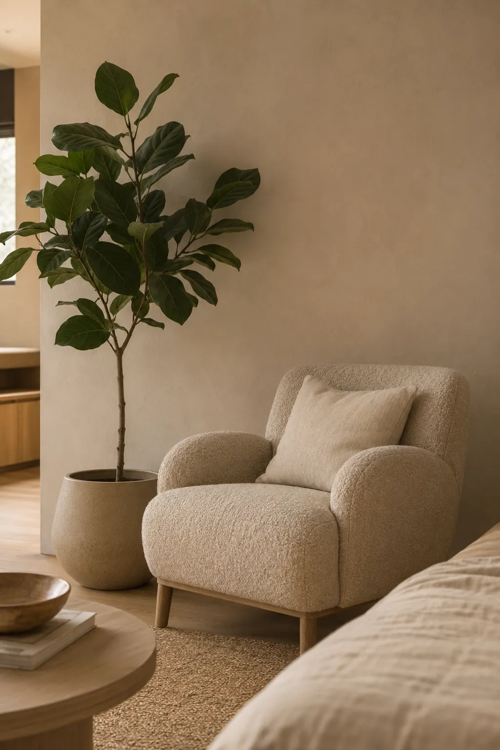 Emotional zoning in a studio apartment: textured boucle chair and Ficus plant blending seamlessly into a warm beige matte wall.