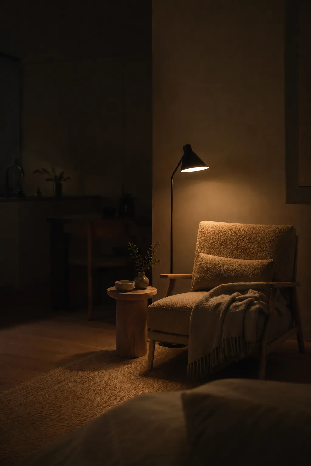 Micro lighting in a small apartment: a 2700K warm floor lamp illuminates a cozy boucle chair while deep shadows hide clutter.