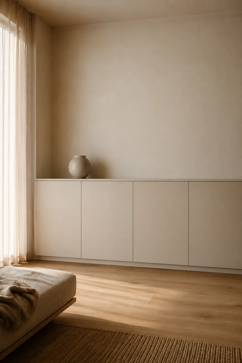 Invisible closed storage in a studio: handleless flat-panel beige credenza matching the wall, holding a matte stone vase.