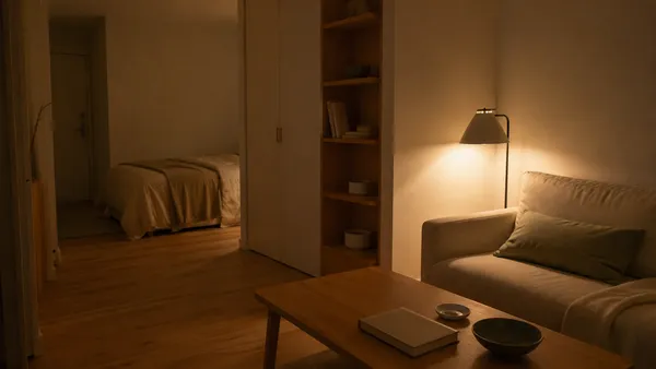 A serene studio apartment illuminated by a warm floor lamp, showcasing a tidy living area and bedroom after completing a calming evening reset routine.