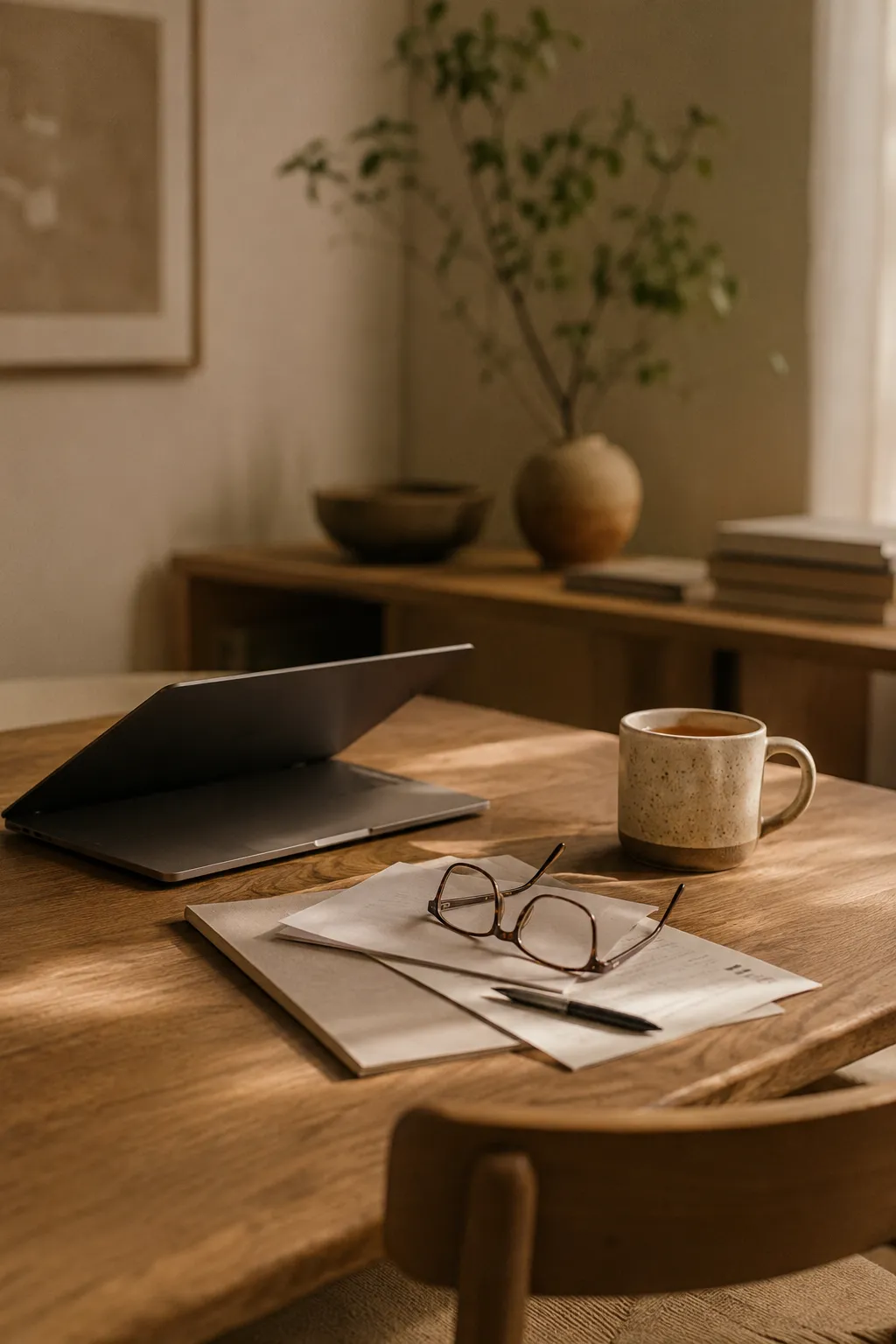 A wooden dining table functioning as a dual workspace, featuring a partially closed laptop, scattered papers, and a tea mug bathed in afternoon sunlight.