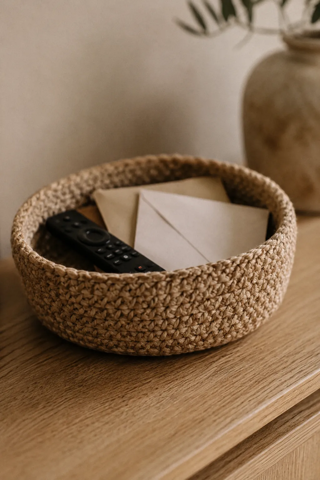 A close-up of a textured woven holding basket on a wooden console table, neatly containing mail envelopes and a TV remote for sensory relief.