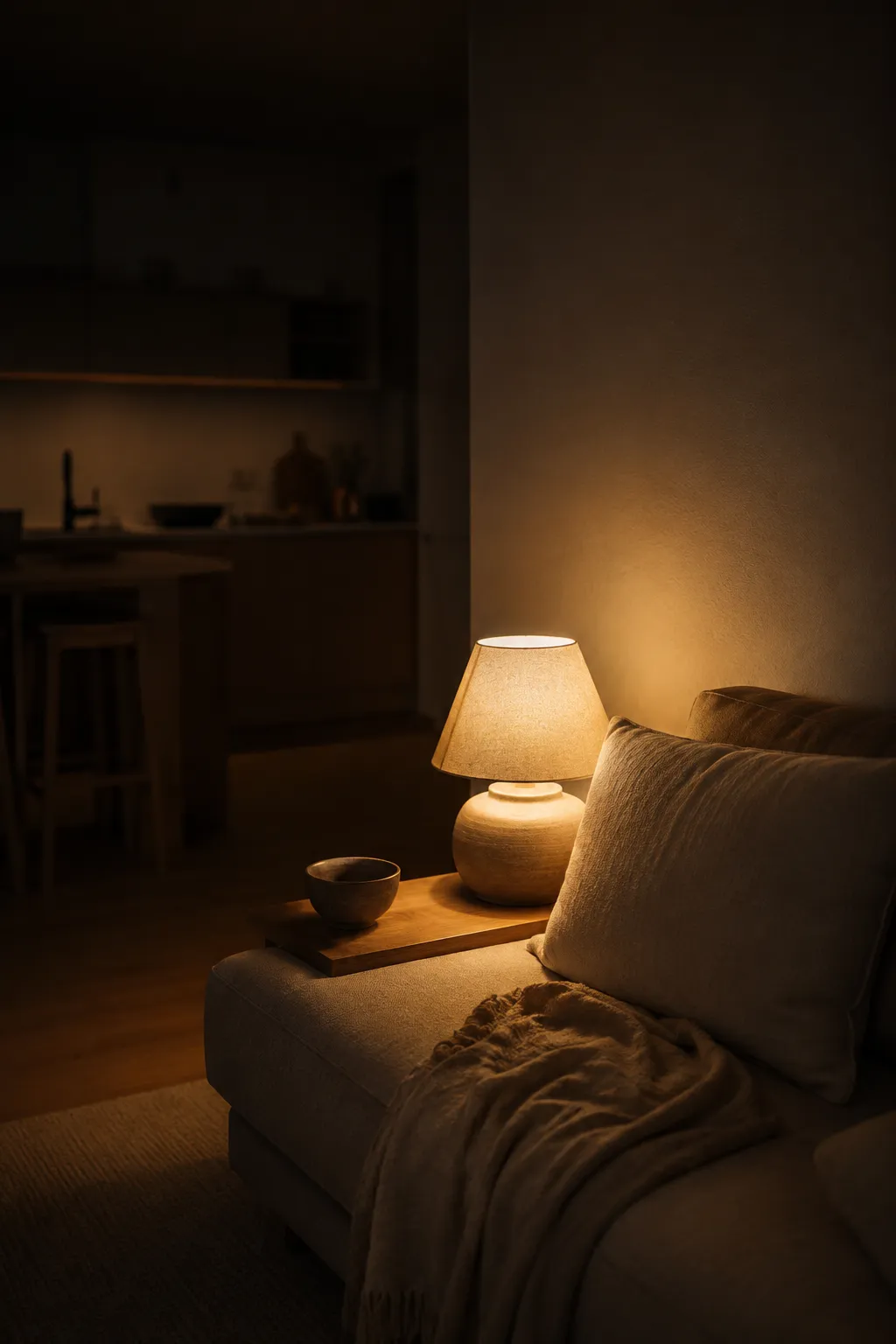 A minimalist table lamp casting a warm amber glow on a beige sofa, creating a cozy illuminated corner while the kitchen fades into dark shadows.