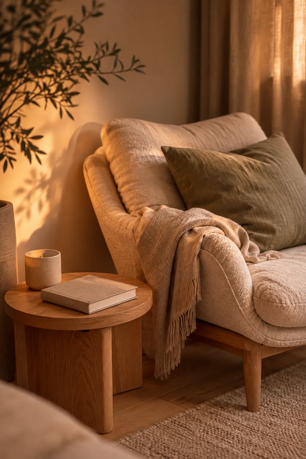 A tranquil corner featuring a textured cream lounge chair and a minimalist wooden side table holding only a closed book and candle in warm evening light.