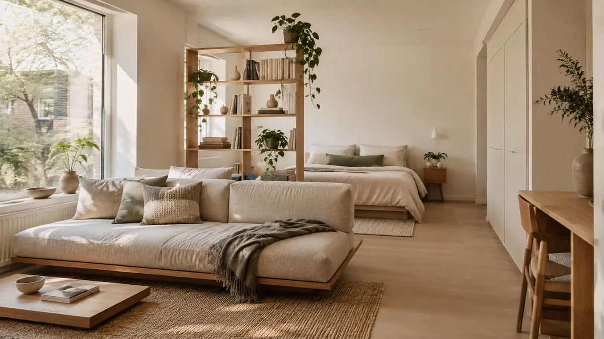 How to divide a studio apartment without walls: low greige sofa, jute rug, and open oak bookcase divider.