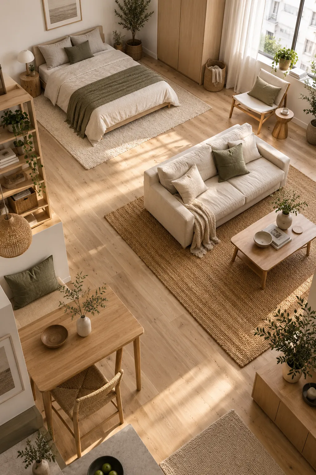 Studio apartment layout without walls: oak floors zoning a beige linen sofa, wooden dining set, and olive bed area.