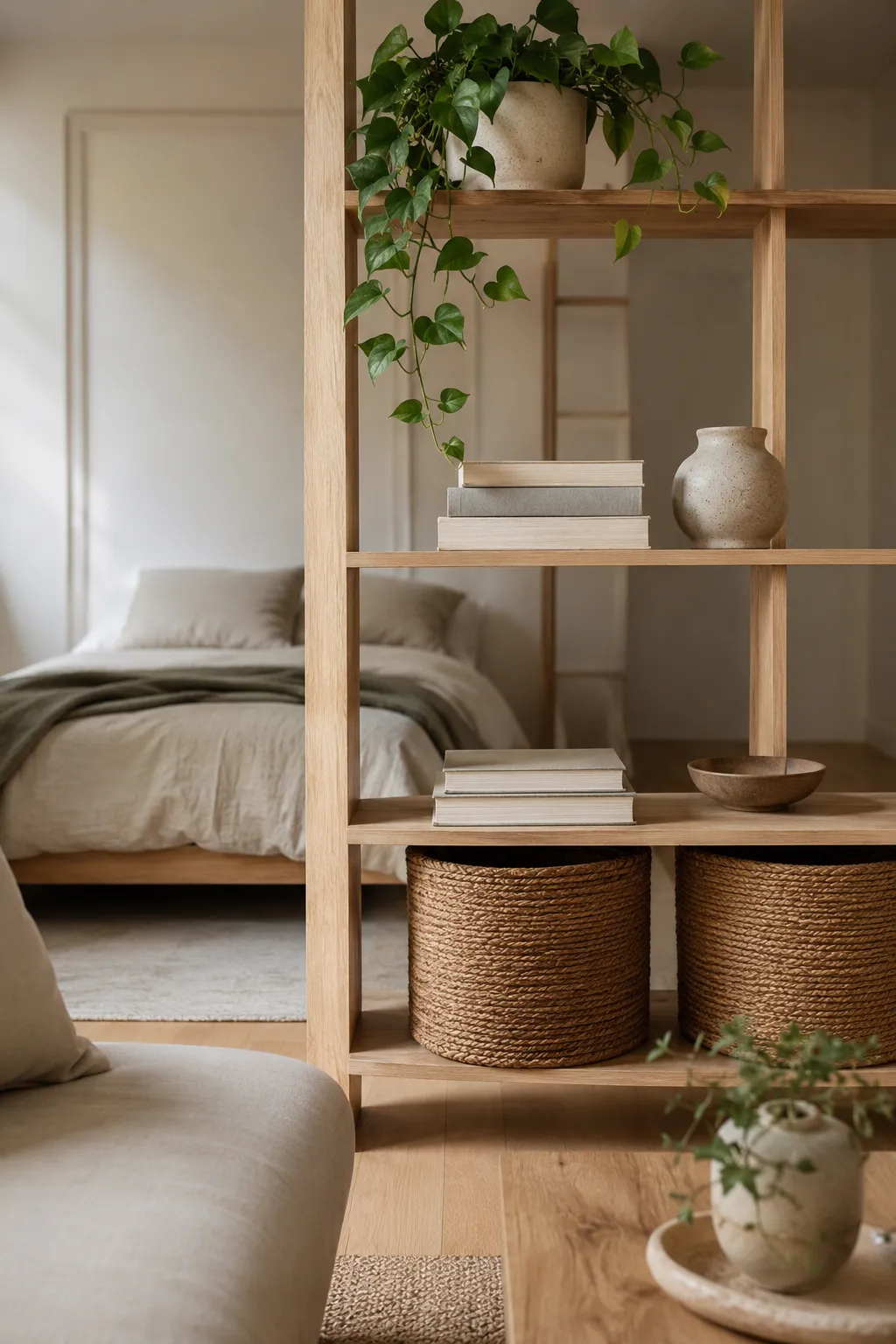 Divide studio apartment with open oak shelving: features trailing pothos, matte ceramics, and woven storage baskets.