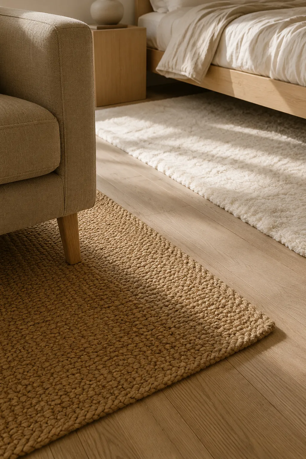 Studio room zoning via floor textures: chunky jute rug meets light oak wood and a plush white fleece rug near the bed.
