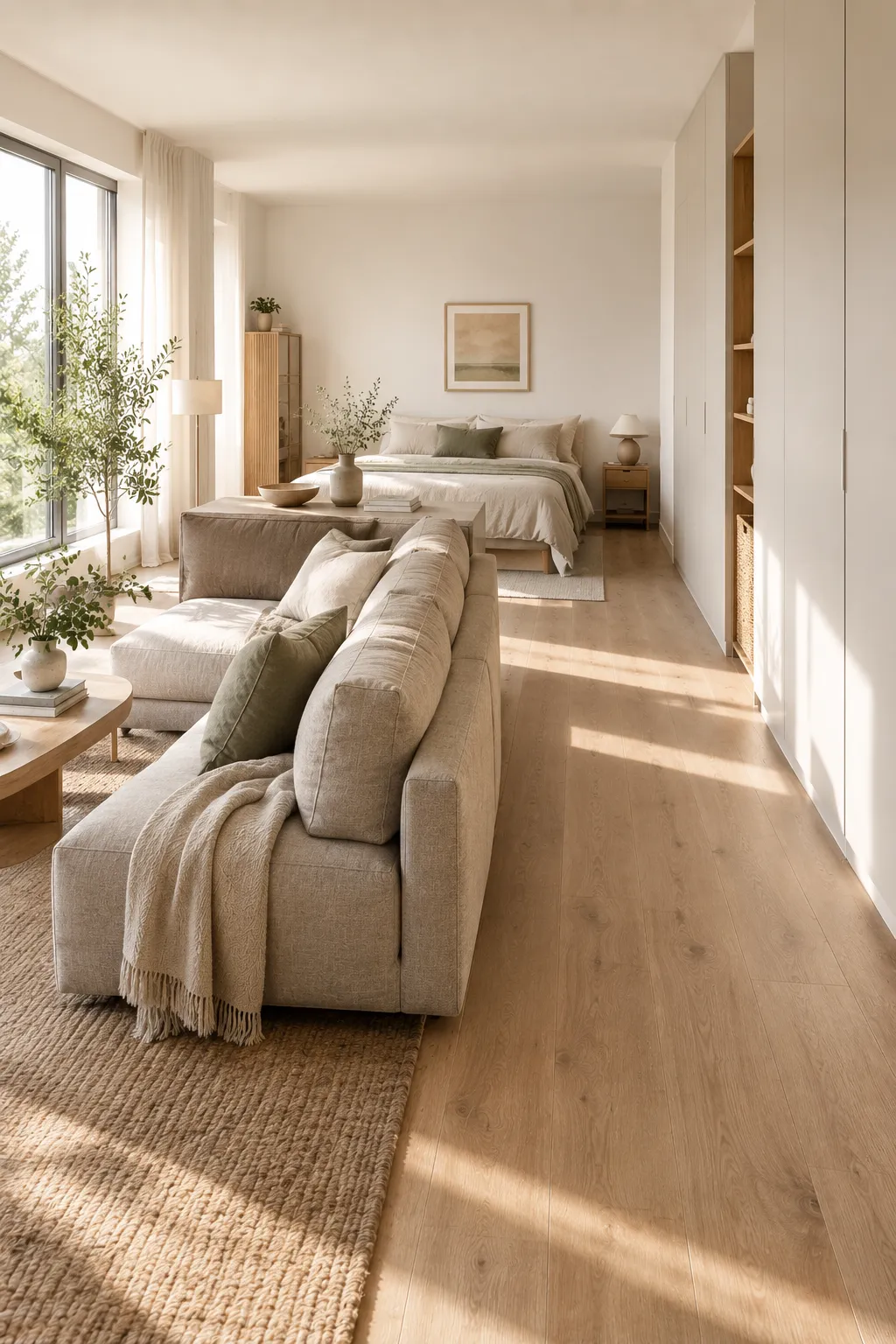 Divide studio apartment without walls: floating greige sofa forms an open walkway beside white built-in closets.
