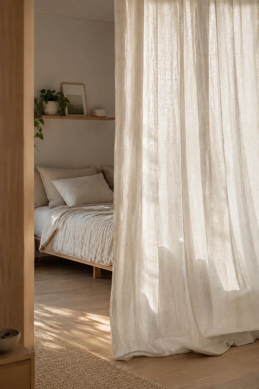 Divide studio without walls via sheer linen curtain, softly zoning a wood bed and floating oak shelf with plants.