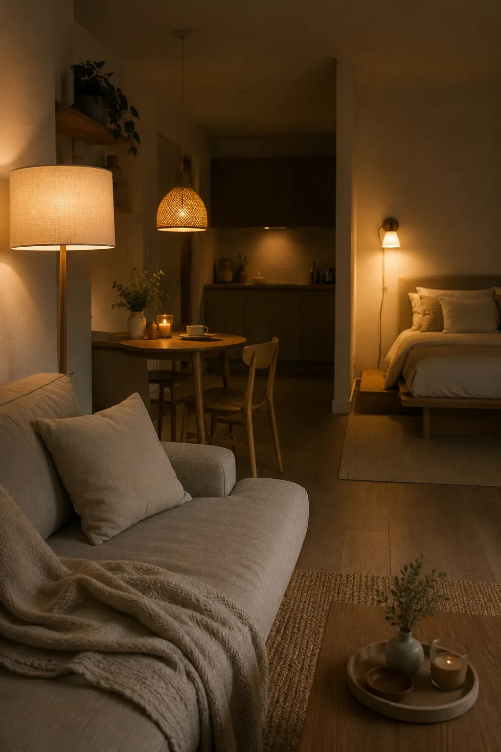 Studio room zoning via warm ambient lighting: rattan pendant, floor lamp, and wall sconce illuminating distinct areas.