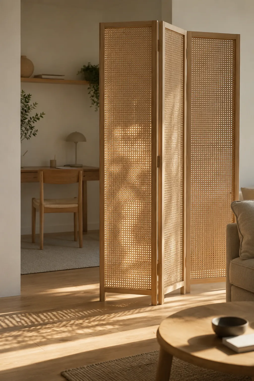Divide studio apartment via folding rattan screen: oak frame separating a beige linen sofa from a minimalist wood desk.