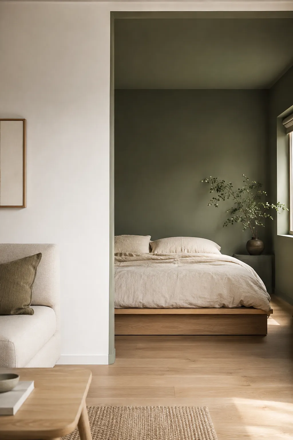 Studio room zoning via color blocking: a matte olive green bedroom alcove contrasting with the white living space.