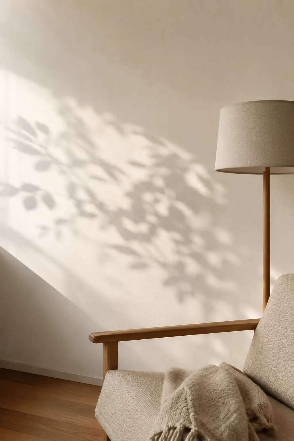 Cozy studio space design: matte white wall featuring natural leaf shadows behind a textured beige armchair and wood lamp.