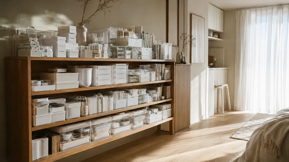 A sunlit studio apartment wooden shelf densely packed with uniform clear and white plastic storage bins, illustrating the hyper-organization trap.