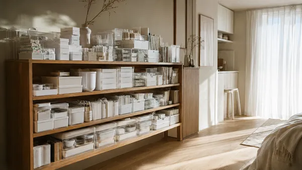 A sunlit studio apartment wooden shelf densely packed with uniform clear and white plastic storage bins, illustrating the hyper-organization trap.