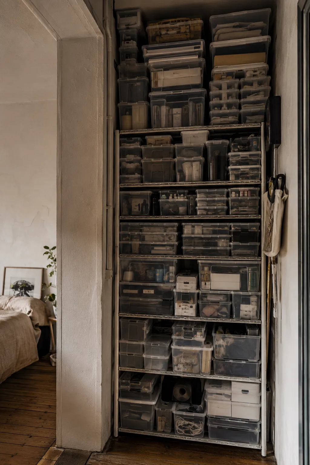 A narrow apartment corner overwhelmed by a tall freestanding wire shelf stacked to the ceiling with plastic storage containers.