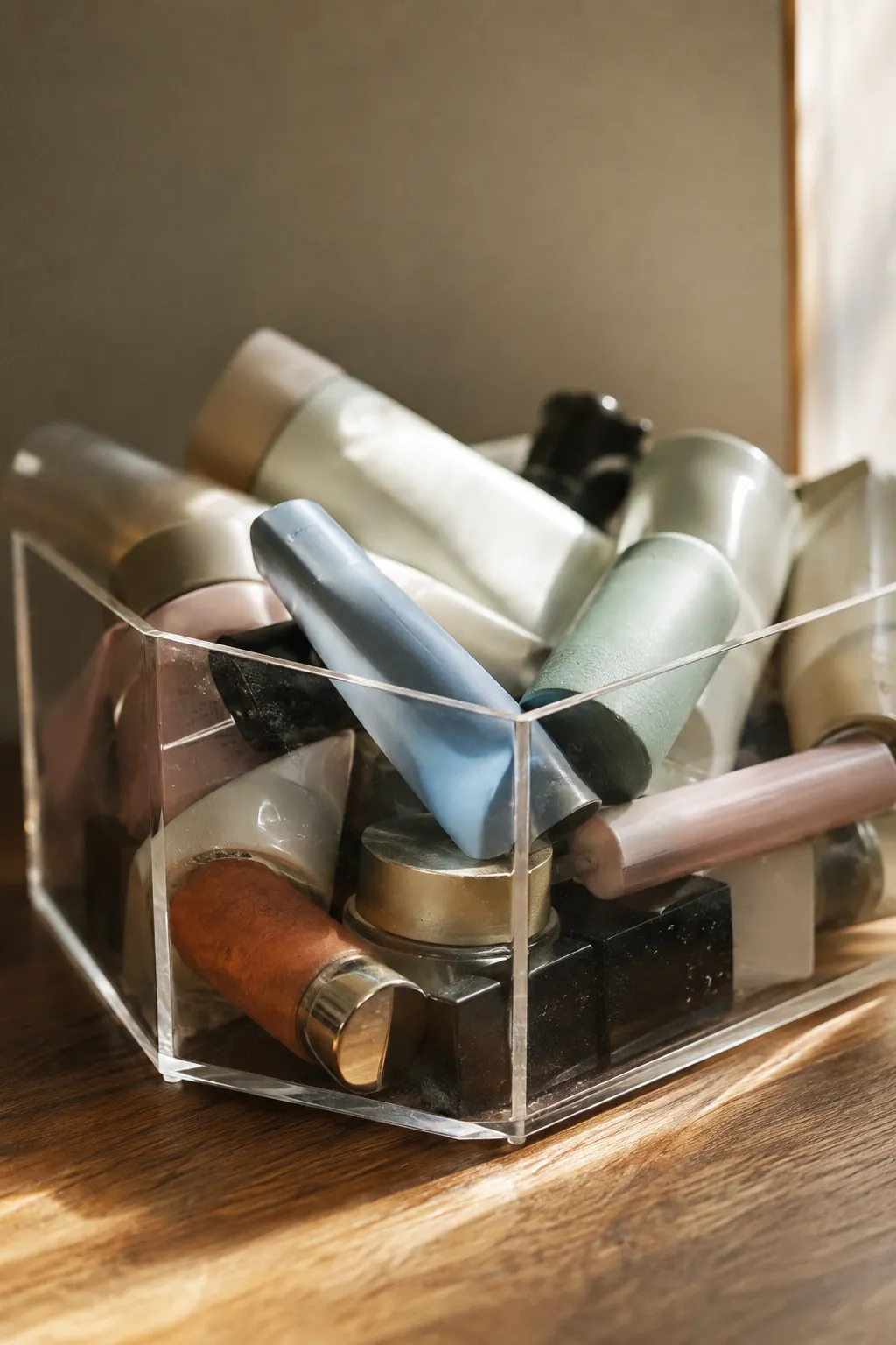 Close-up of a clear acrylic organizer crammed with mismatched cosmetic tubes, demonstrating how transparent storage creates visual noise.