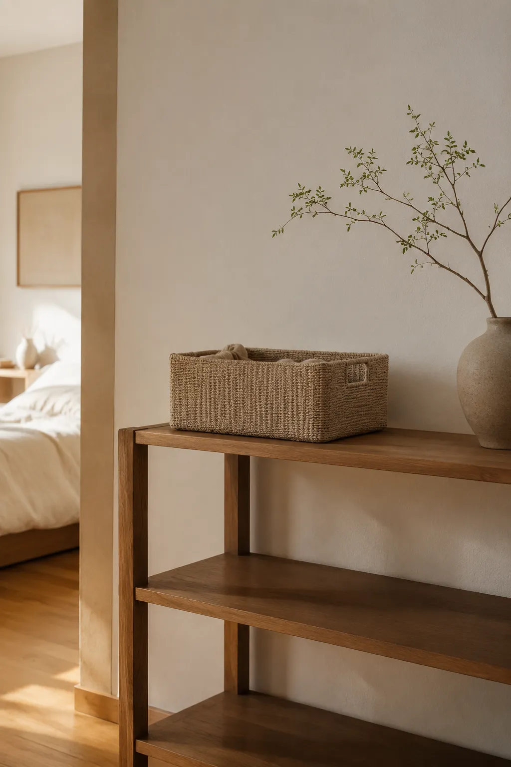A minimalist wooden shelf featuring a single woven basket and generous negative space, representing warm minimalism and calm macro-sorting.