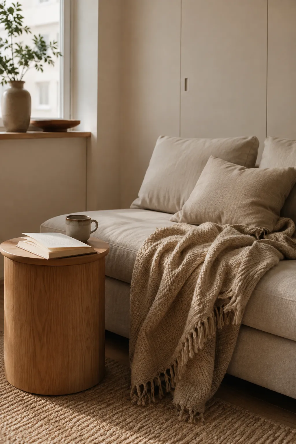 A cozy studio apartment corner with a textured throw blanket on a beige sofa, an open book, and a teacup, reflecting a healthy clutter threshold.