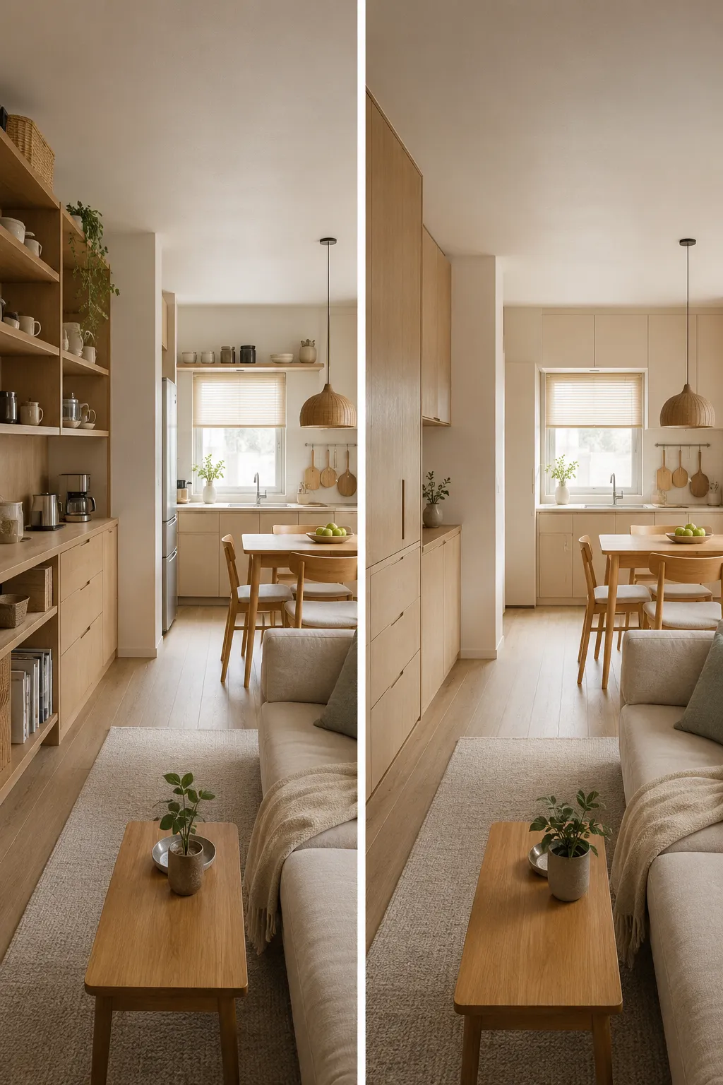 Split view comparing open visible storage with concealed cabinetry to illustrate the difference between physical clutter and visual clutter.