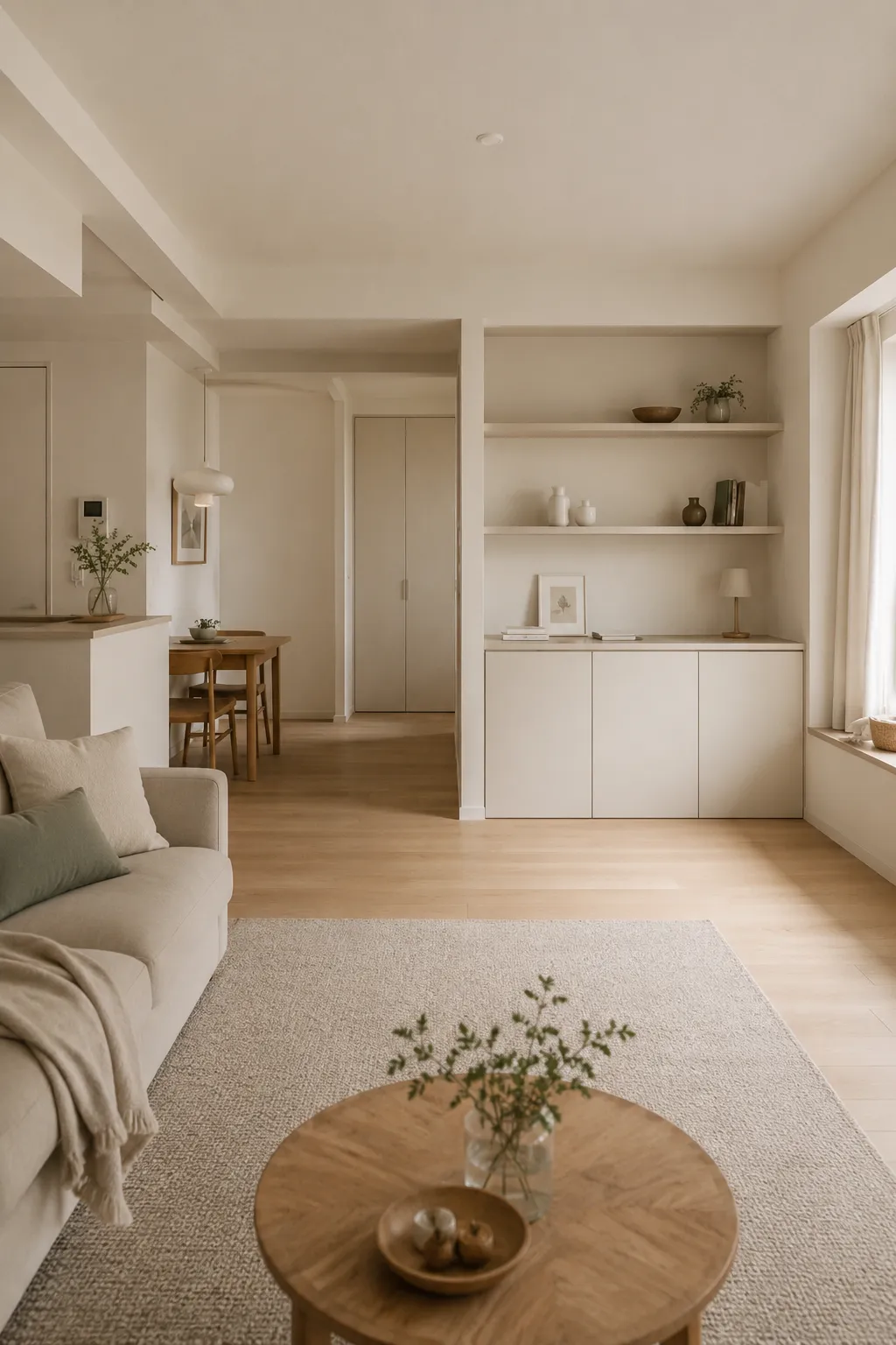 Small apartment with monochromatic built-in storage that blends into the walls to create a calmer, lower visual noise environment.