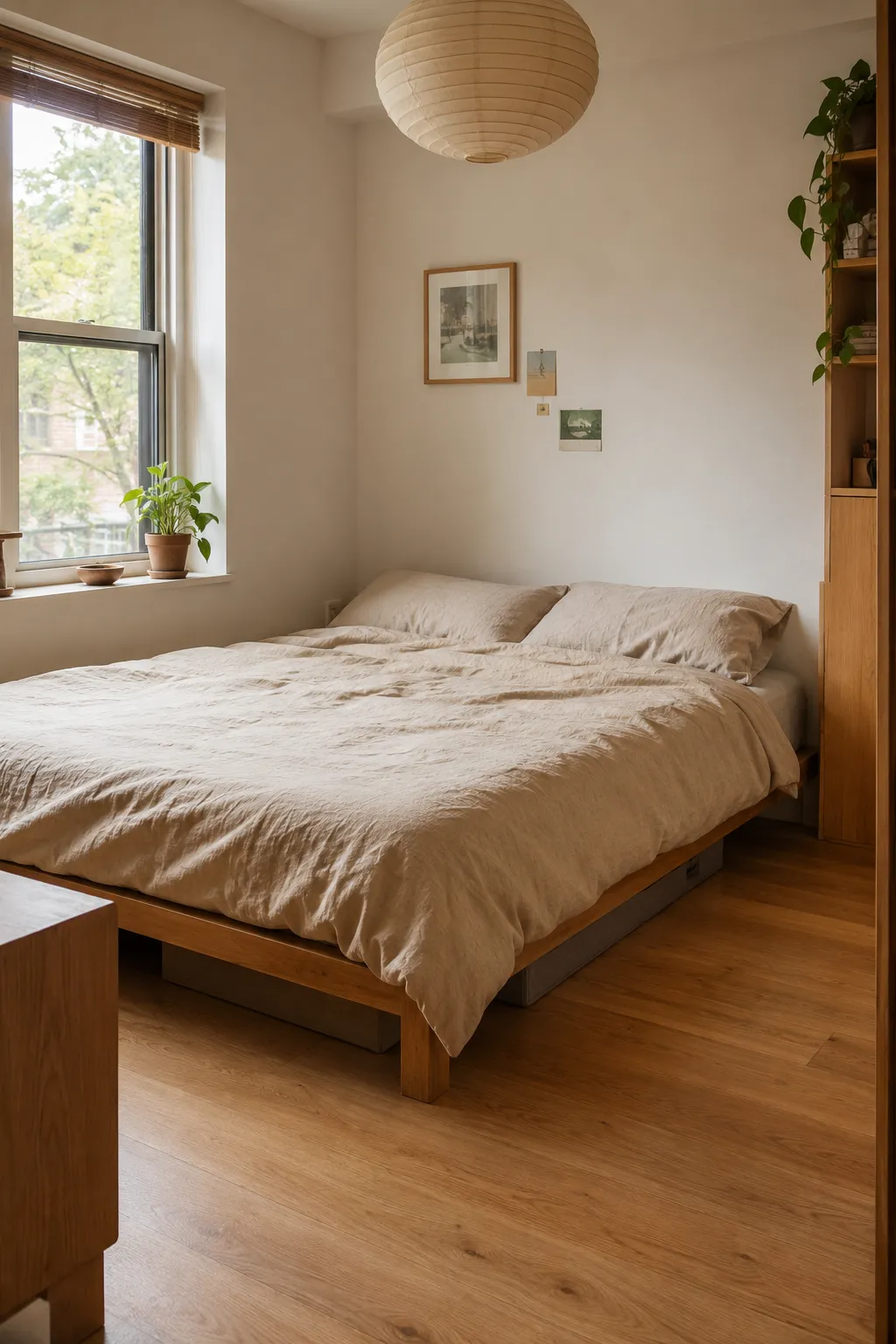 Minimal bedroom with discreet under-bed storage that keeps belongings out of sight while maintaining a calm, uncluttered space