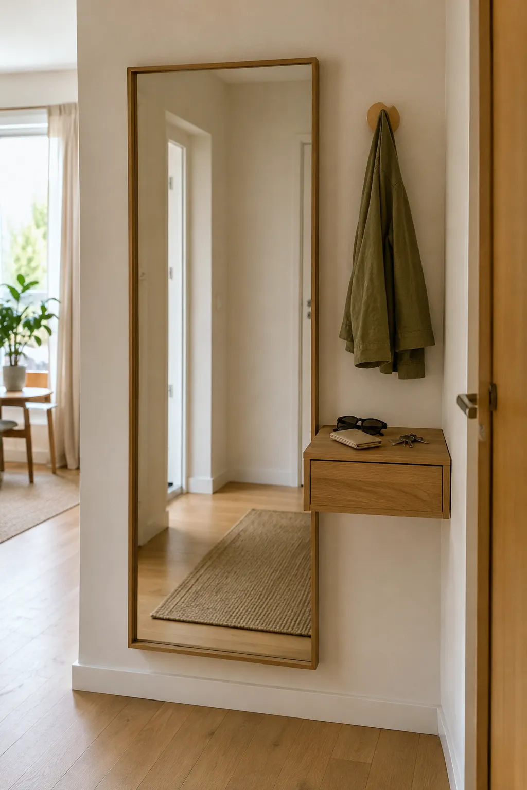 Slim floating console beneath a full-length mirror creating functional entryway storage with minimal visual impact