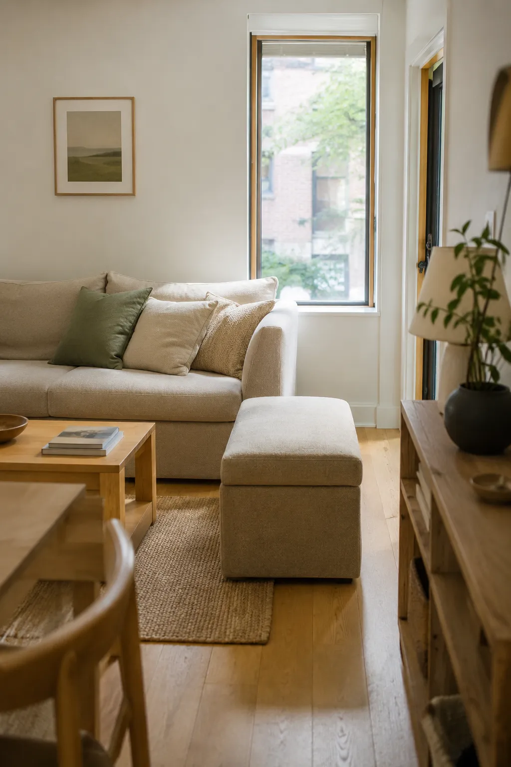 Small living room with a neutral upholstered storage ottoman that blends into the space, illustrating low-visual-noise dual-purpose furniture.