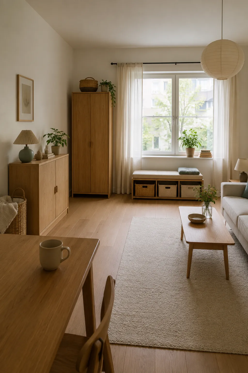 Renter-friendly living room using freestanding cabinets and enclosed storage furniture to create a calm, low-visual-noise space