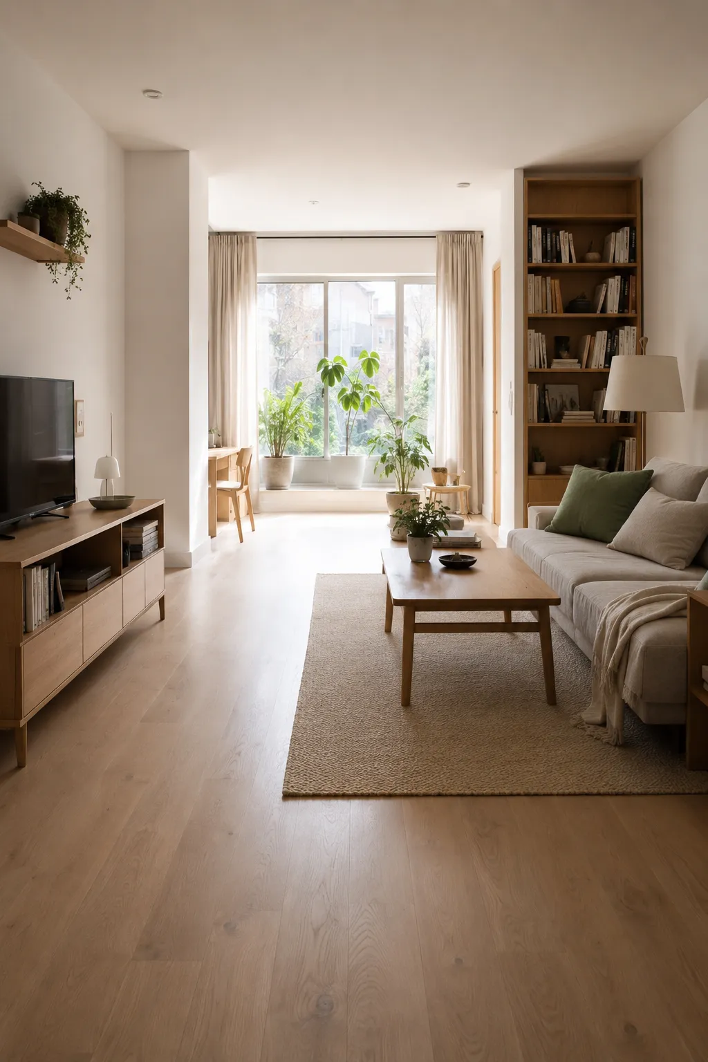 Small living room with tall storage placed along the perimeter and an open central walkway that preserves clear sightlines