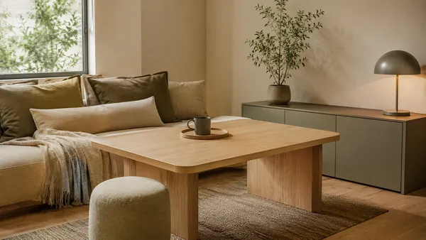 Low-friction apartment setup: light oak table, beige linen sofa, and matte green closed storage in soft natural daylight.