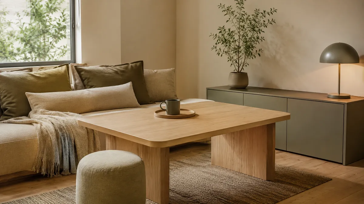 Low-friction apartment setup: light oak table, beige linen sofa, and matte green closed storage in soft natural daylight.