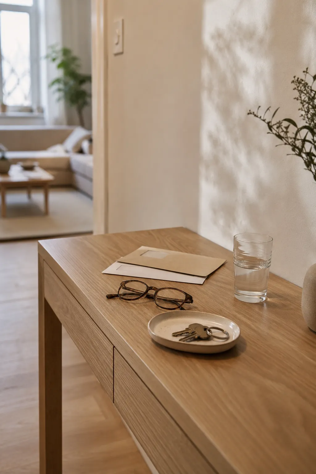 Mental noise in small spaces: daily mail, keys, and glasses resting on a light oak entryway console in warm daylight.