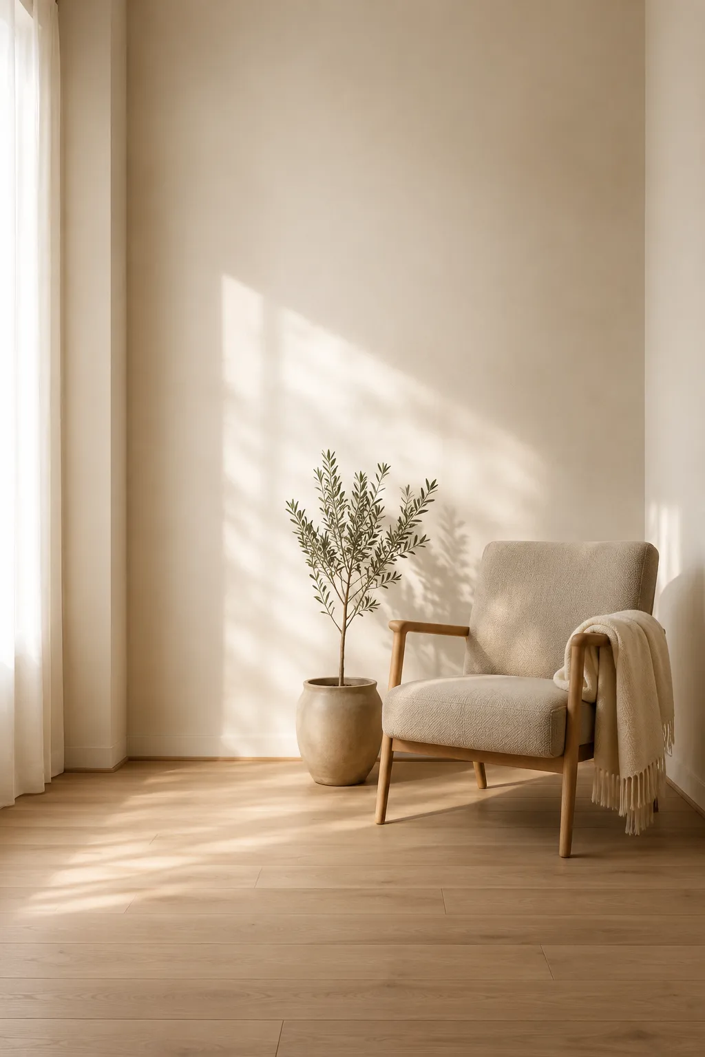 Intentional living in small spaces: a calm corner with a beige textured armchair, throw, and olive plant on oak floors.