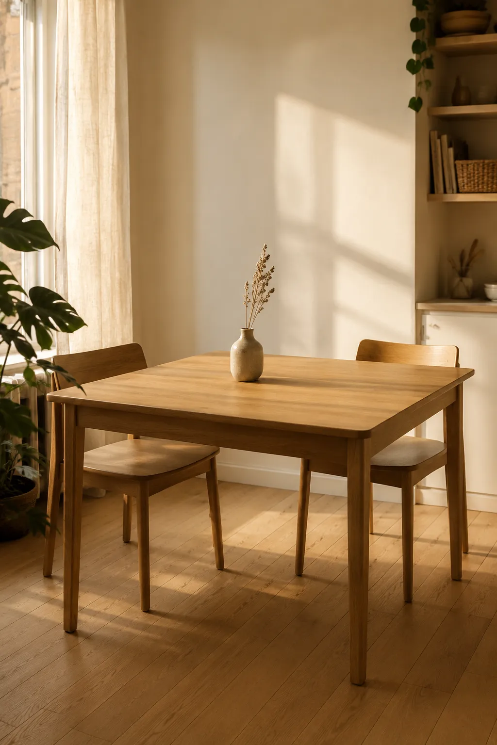 Decluttering daily habits: a cleared oak dining table for an evening reset, featuring a single matte ceramic vase.
