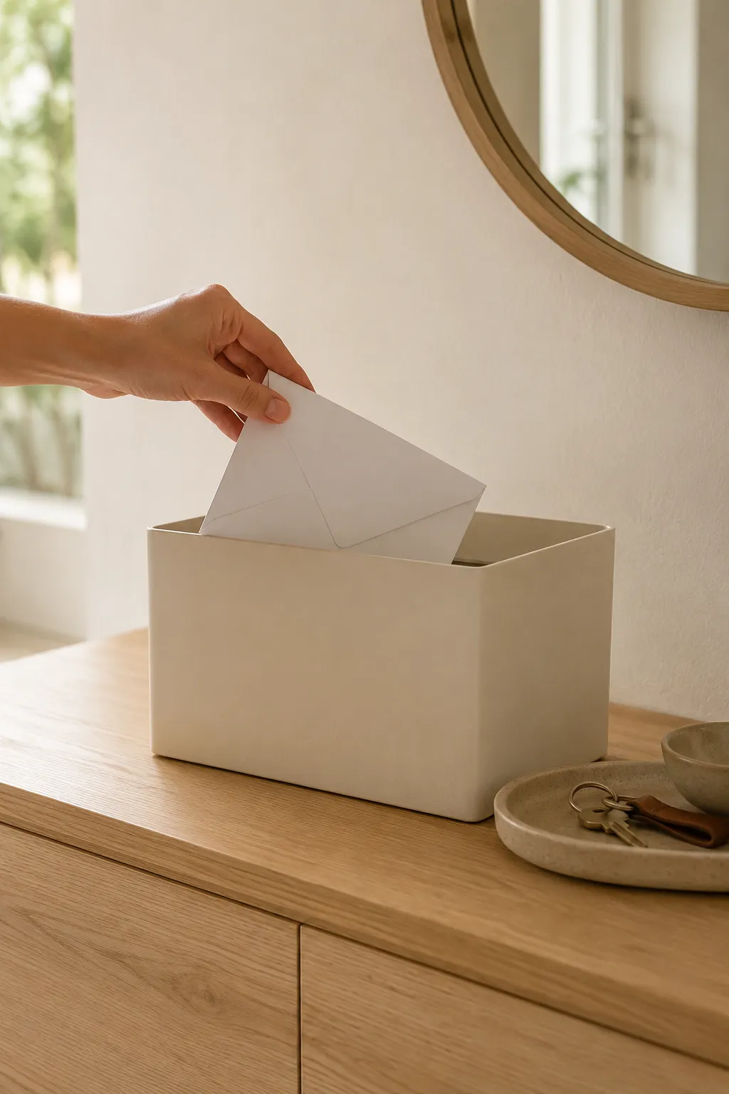 Tiny home friction reduction: applying the one-touch rule by placing mail into a matte beige storage box on an oak desk.