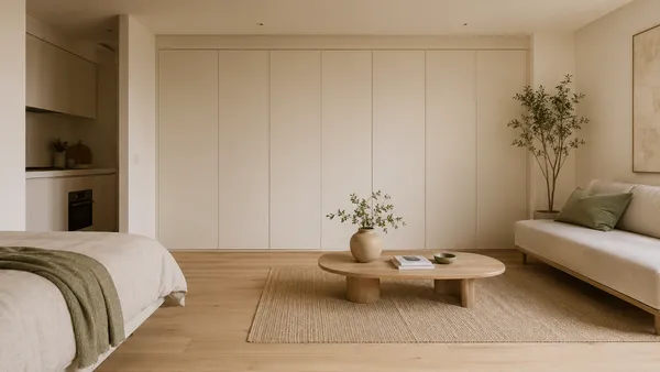 Floor-to-ceiling handleless modular storage wall in a warm minimalist studio apartment, painted soft beige to maximize visual openness.